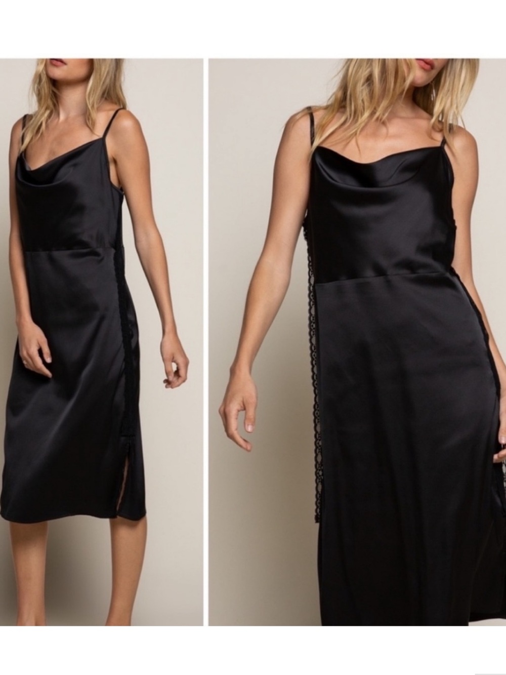 POL Black Satin Slip Dress with Lace Trim